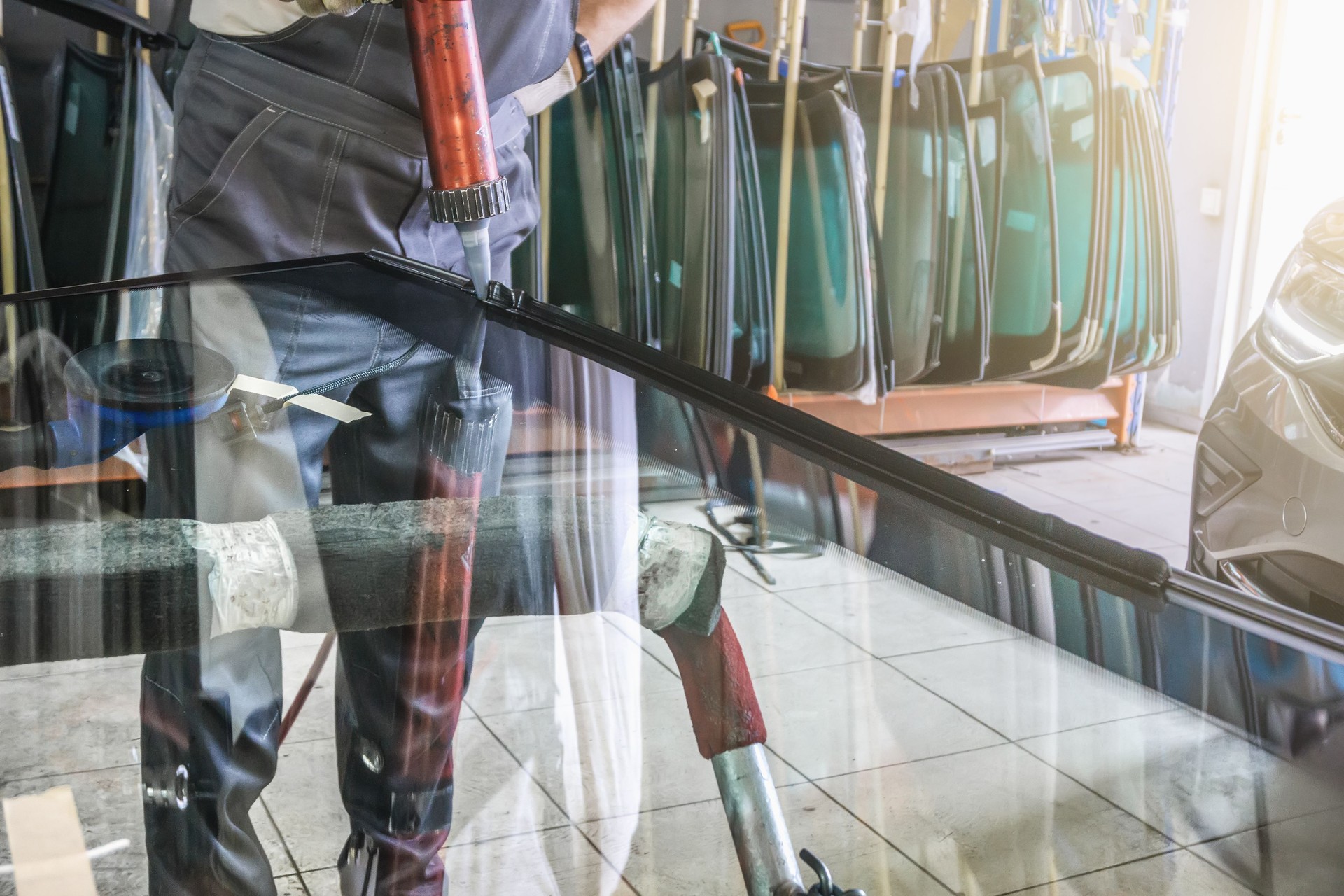 Process of preparing windshield for replacement in car service. Worker applies special adhesive sealant to windscreen before installation on auto